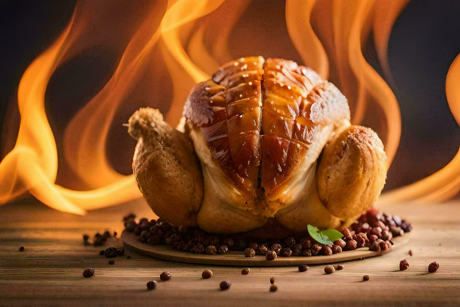 rôti poulet sur une en bois table avec Feu. généré par ai photo