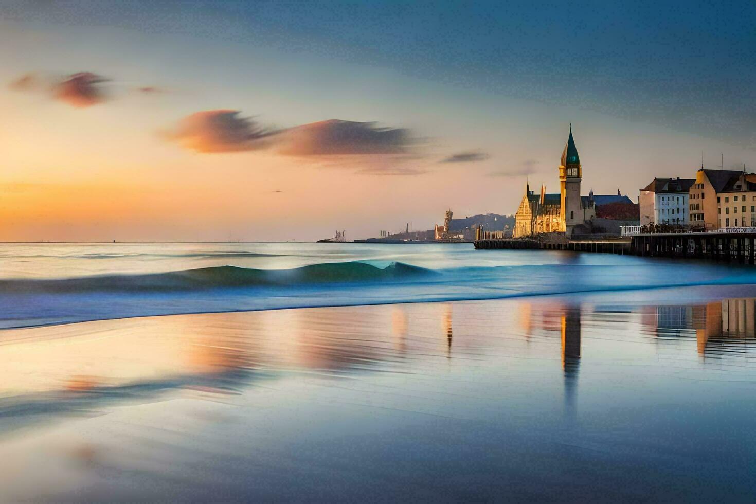 le plage et une église à le coucher du soleil. généré par ai photo