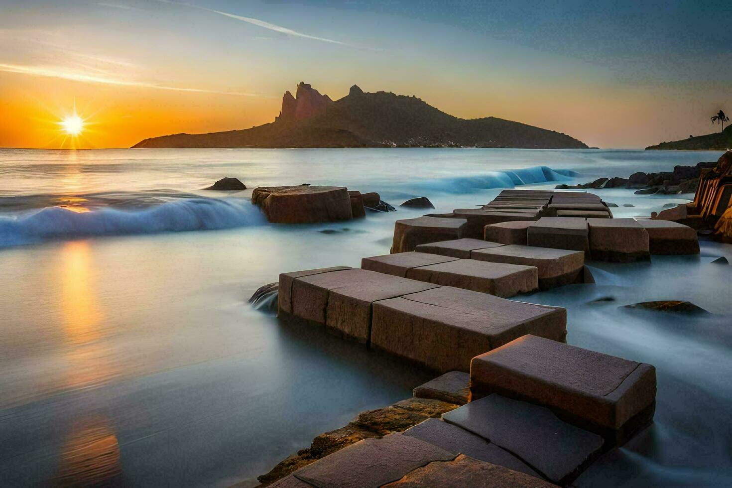 le lever du soleil plus de le océan avec rochers dans le premier plan. généré par ai photo