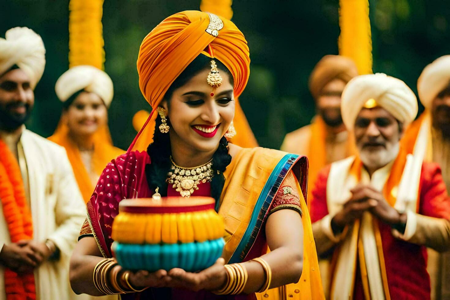 une femme dans une turban en portant une pot. généré par ai photo