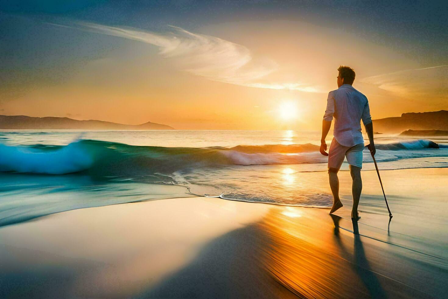 une homme avec béquilles en marchant sur le plage à le coucher du soleil. généré par ai photo