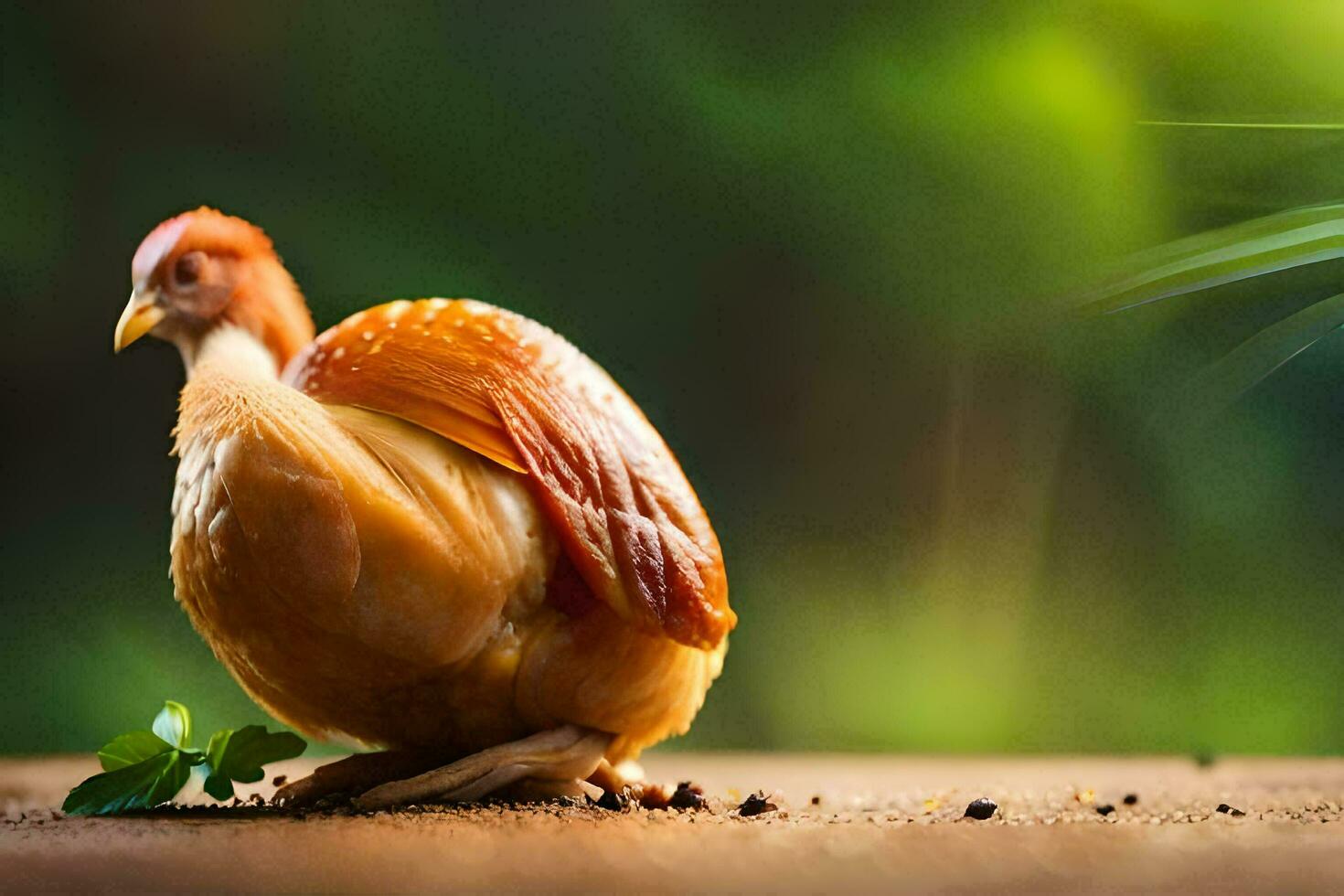 une poulet est permanent sur le sol avec feuilles. généré par ai photo