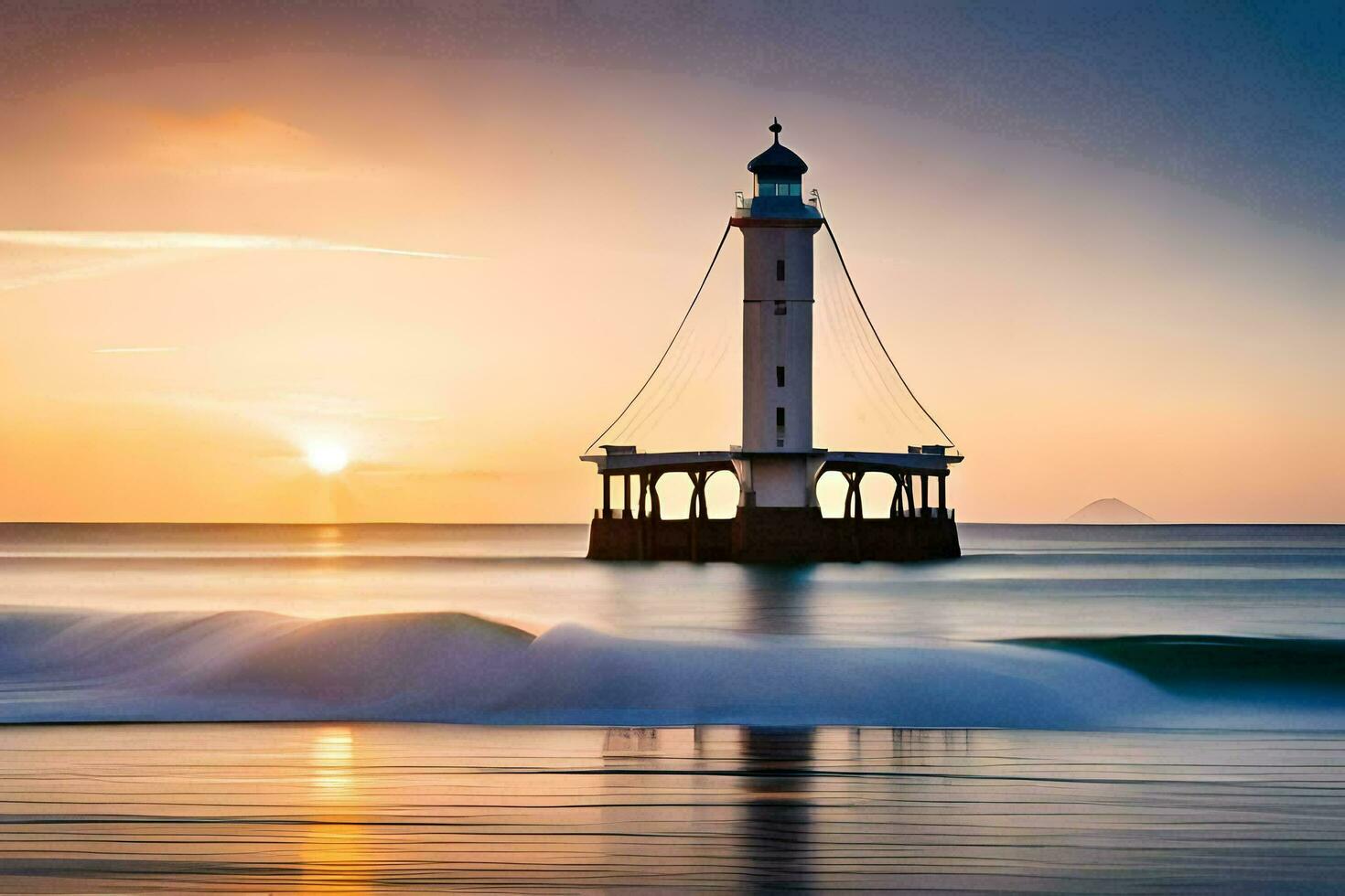 une phare des stands dans le océan à le coucher du soleil. généré par ai photo