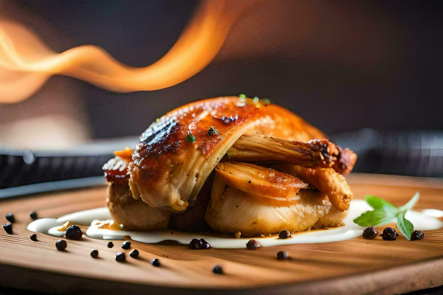 une poulet sur une en bois assiette avec sauce. généré par ai photo