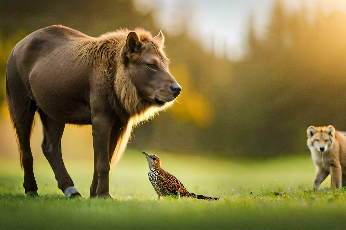 une Lion et une oiseau sont permanent dans le herbe. généré par ai photo