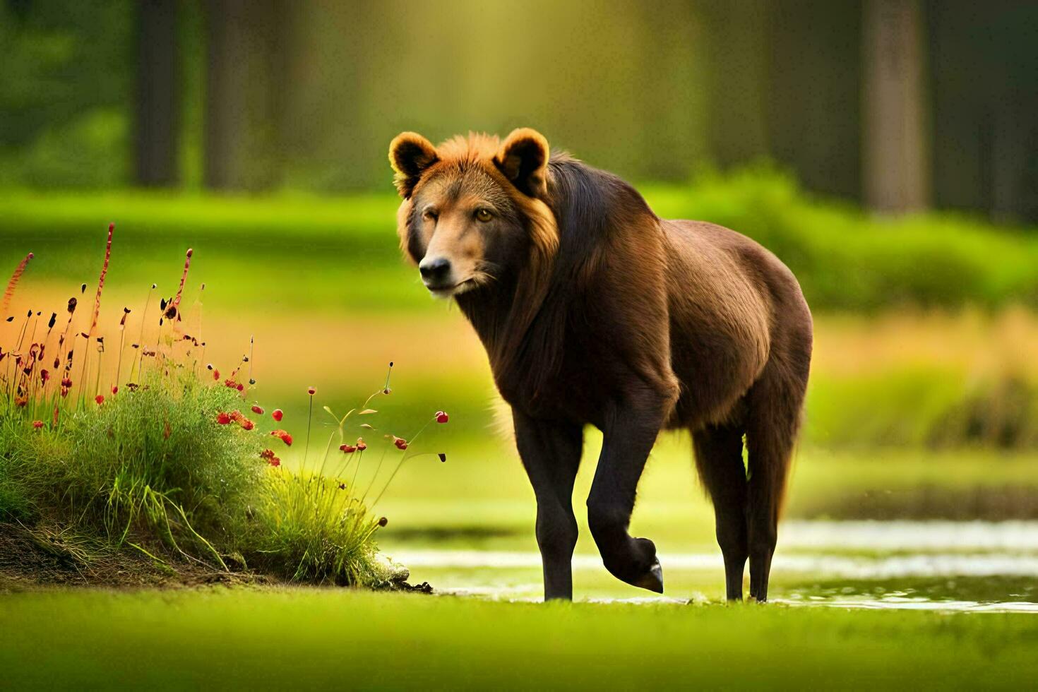 une marron ours en marchant le long de une herbeux champ. généré par ai photo