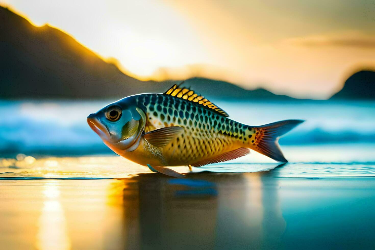 une poisson est permanent sur le plage à le coucher du soleil. généré par ai photo