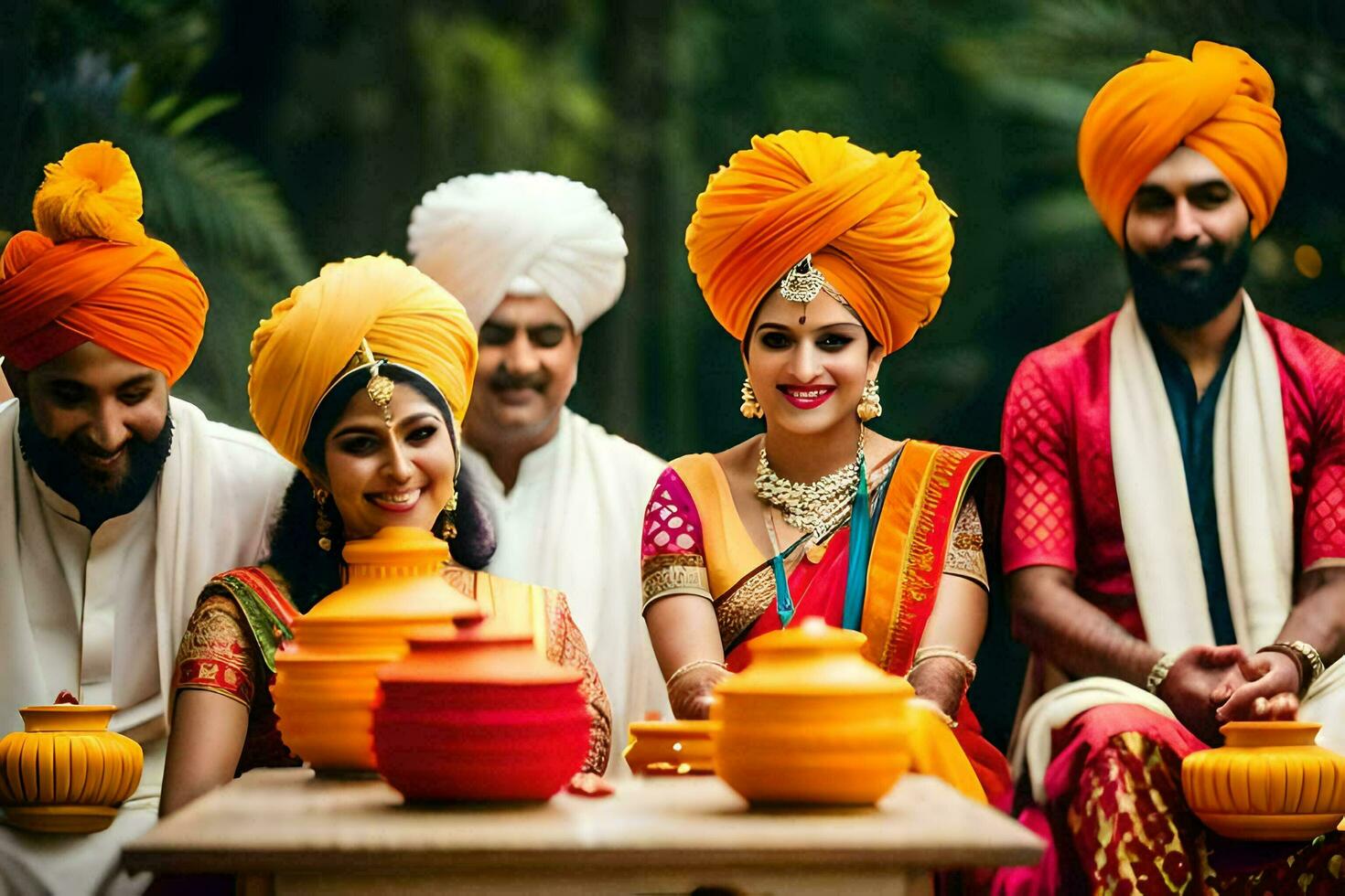 une groupe de gens dans Orange turbans séance autour une tableau. généré par ai photo