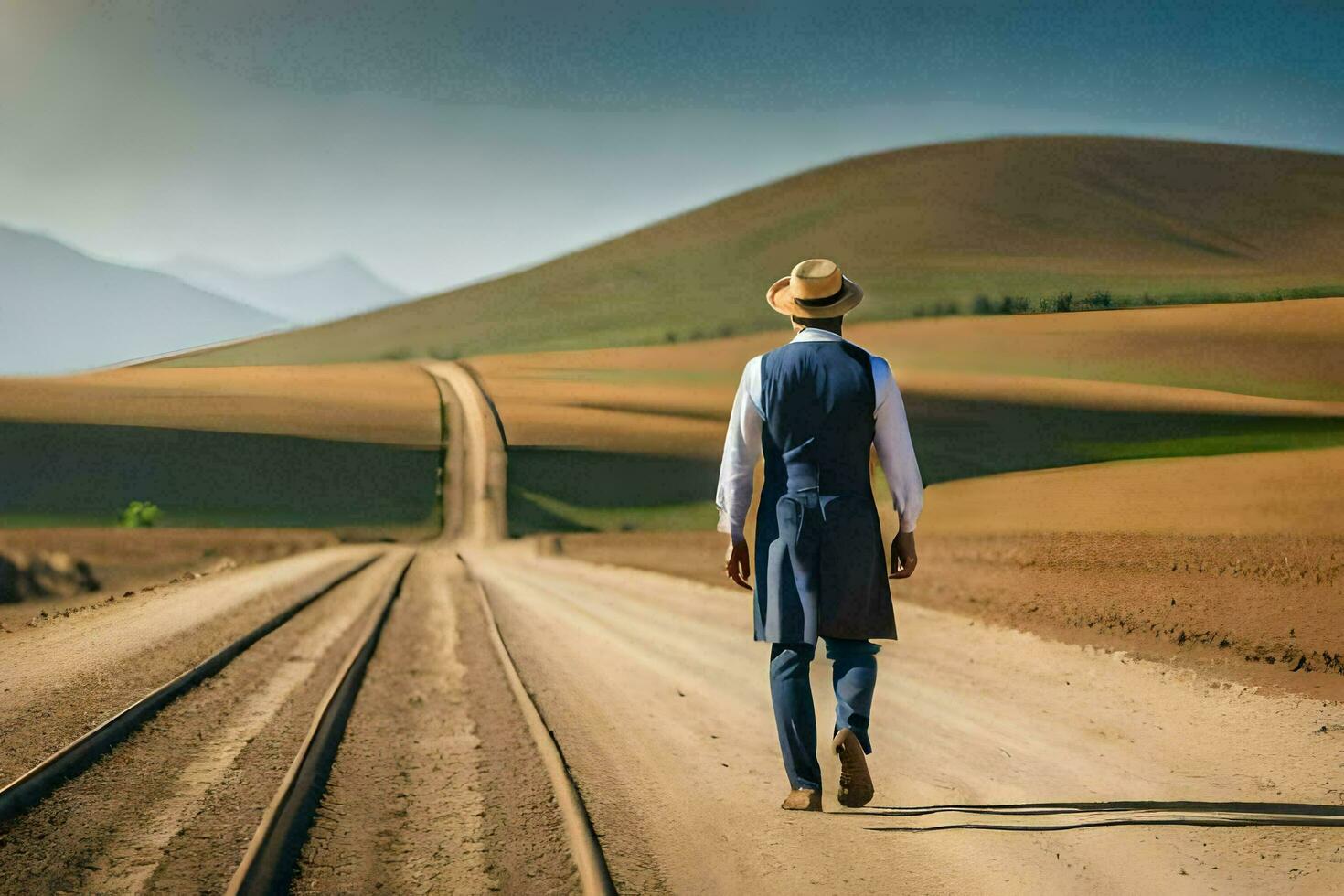 une homme dans une chapeau et gilet en marchant vers le bas une saleté route. généré par ai photo