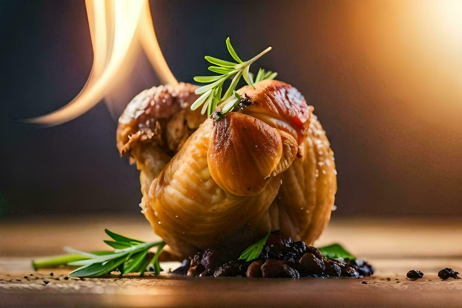 une poulet avec herbes et épices sur une en bois tableau. généré par ai photo