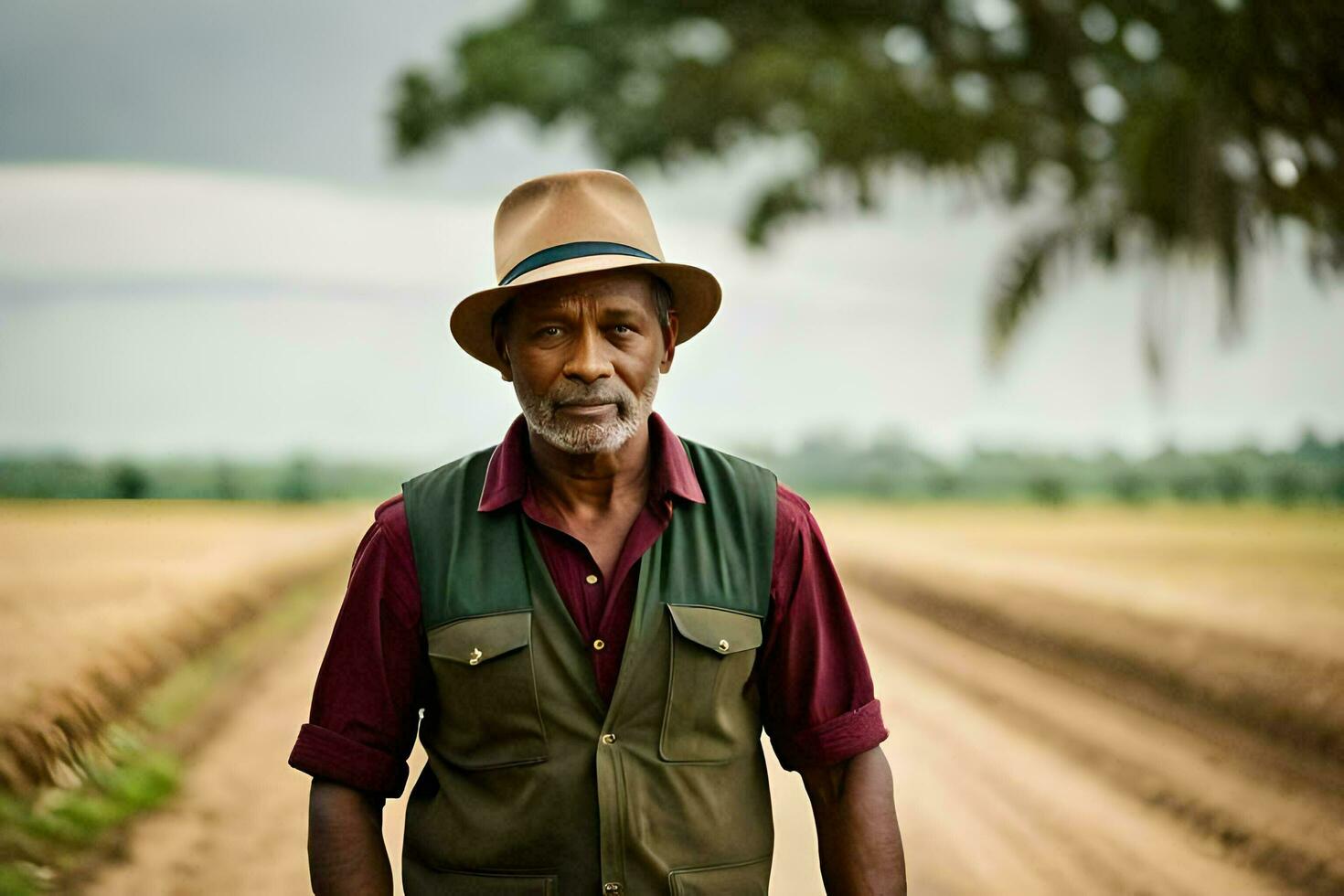 une homme dans une chapeau permanent dans une champ. généré par ai photo