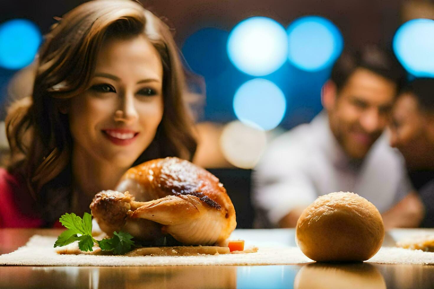 une femme est séance à une table avec une rôti poulet. généré par ai photo