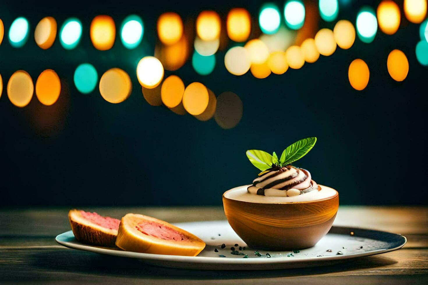 une dessert sur une assiette avec une tranche de pastèque. généré par ai photo