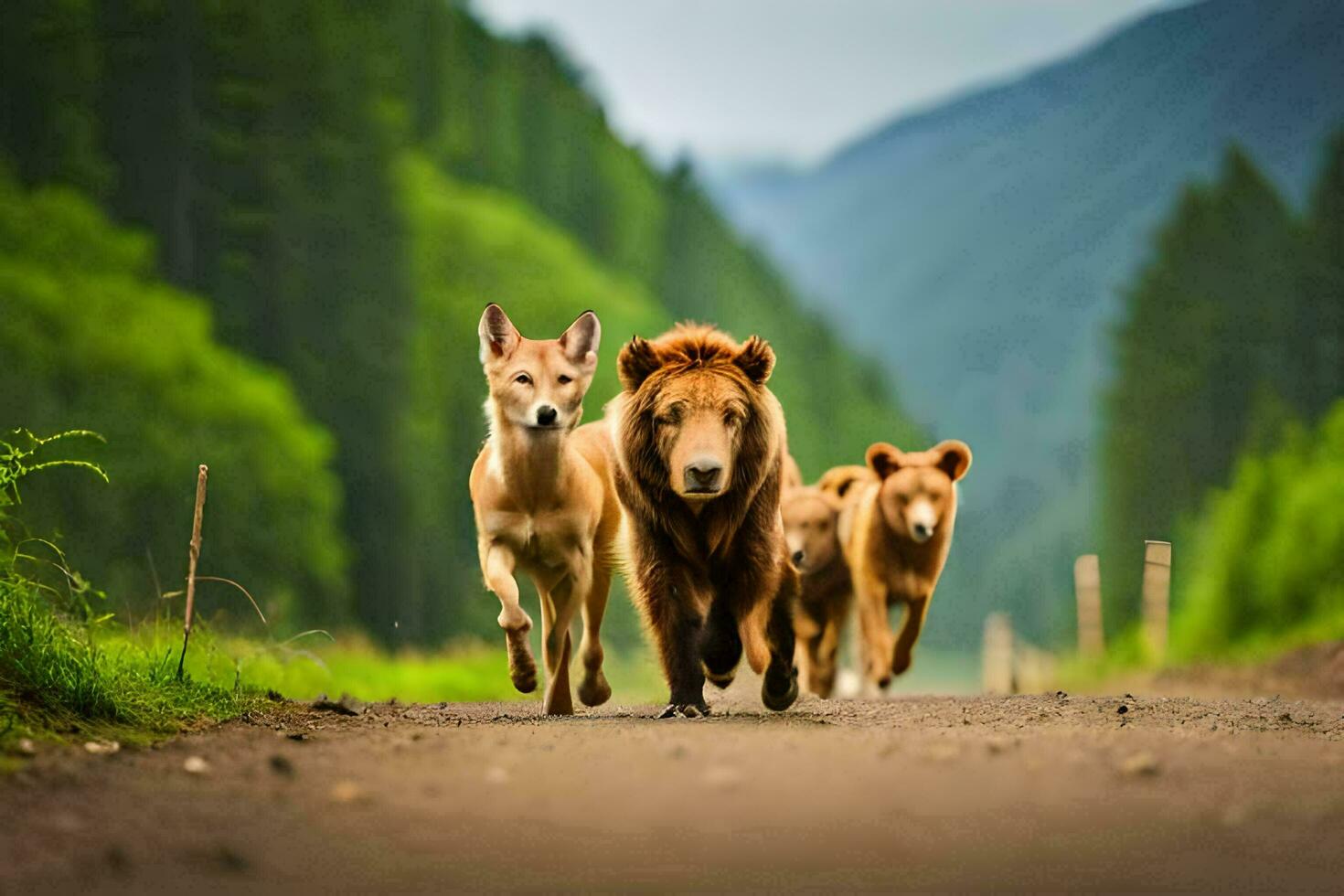 une groupe de marron ours en marchant vers le bas une route. généré par ai photo