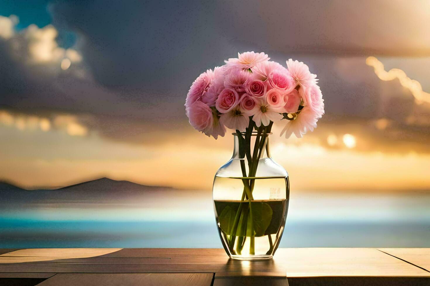 une vase avec rose fleurs sur une table dans de face de le océan. généré par ai photo