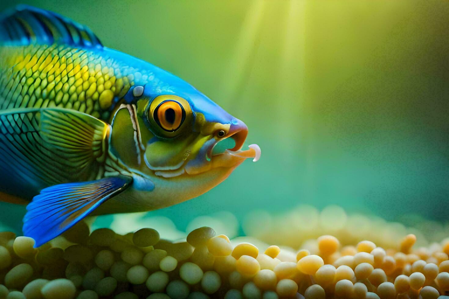 une poisson avec brillant bleu yeux et vert nageoires. généré par ai photo