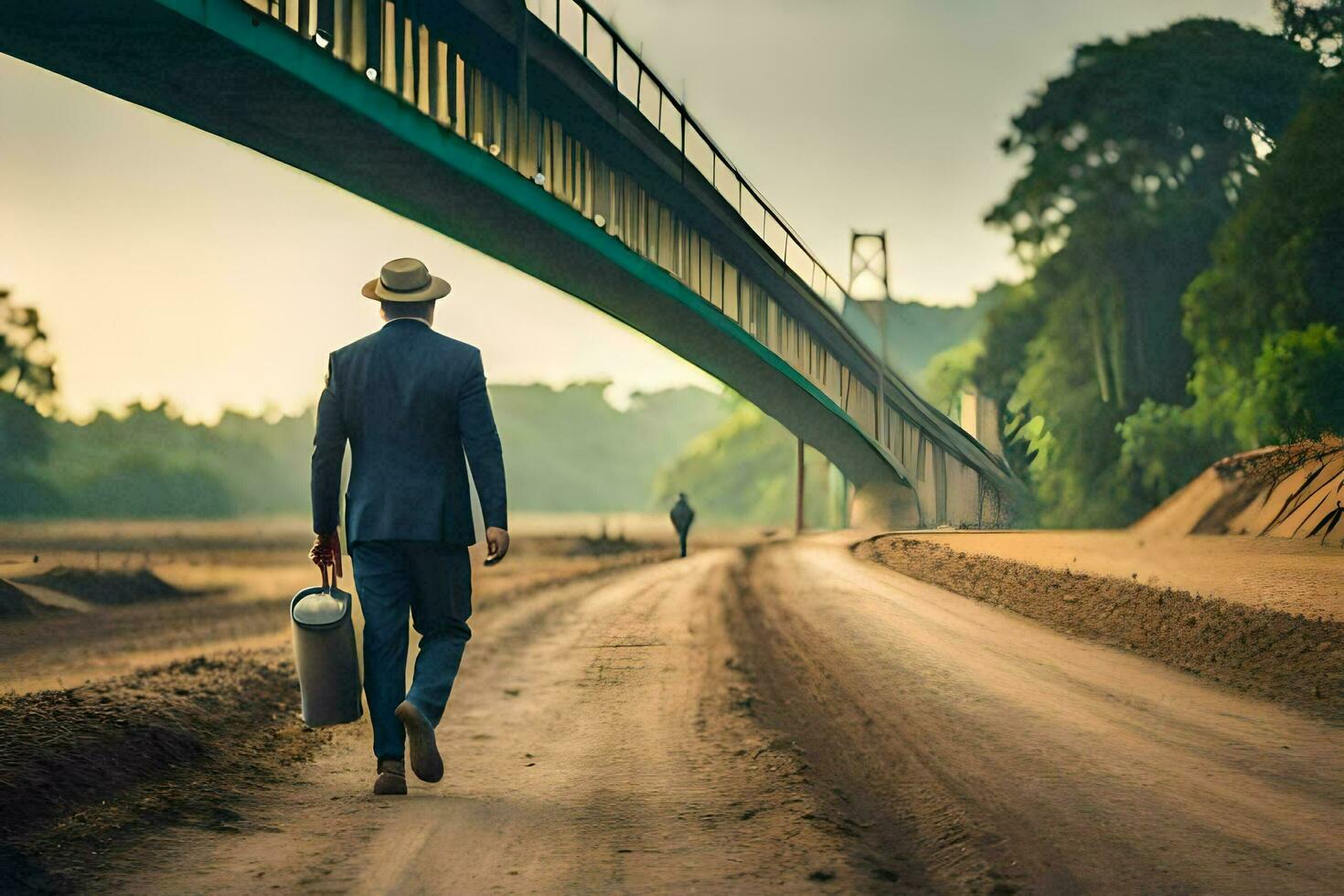 une homme dans une costume et chapeau en marchant vers le bas une saleté route avec une valise. généré par ai photo