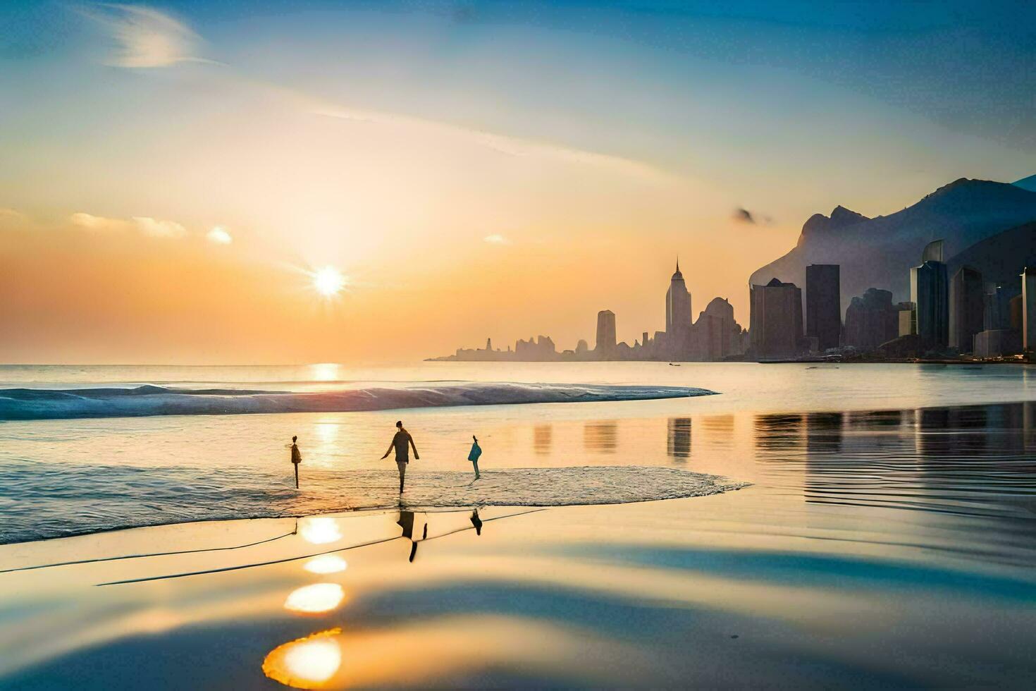 gens en marchant sur le plage à le coucher du soleil avec le ville horizon dans le Contexte. généré par ai photo