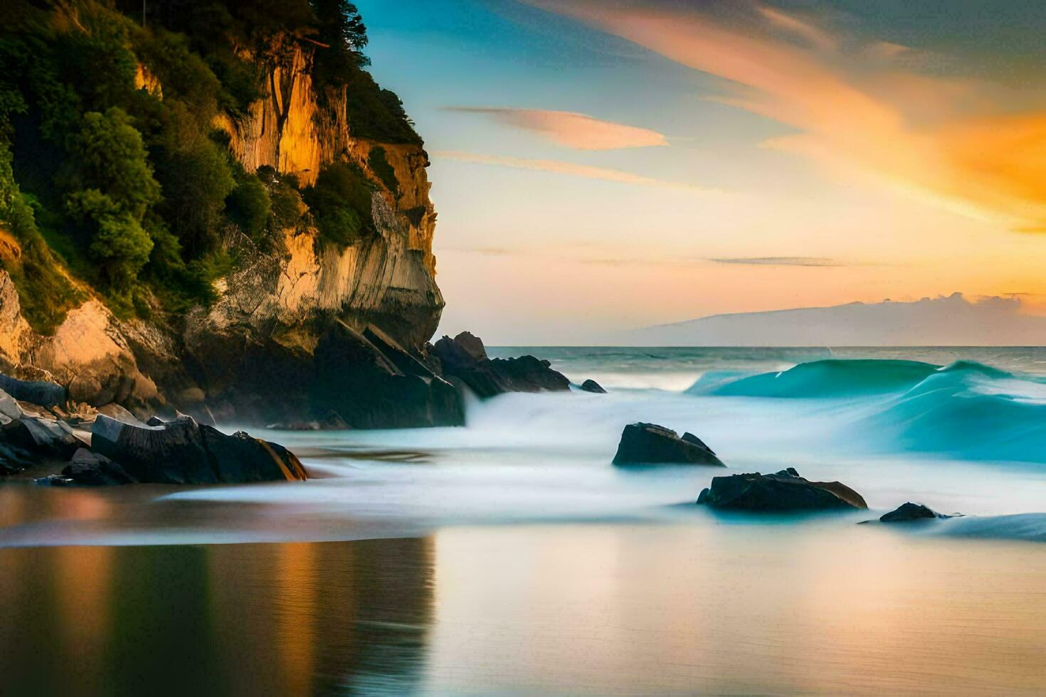 une magnifique le coucher du soleil plus de le océan avec vagues s'écraser dans le rive. généré par ai photo