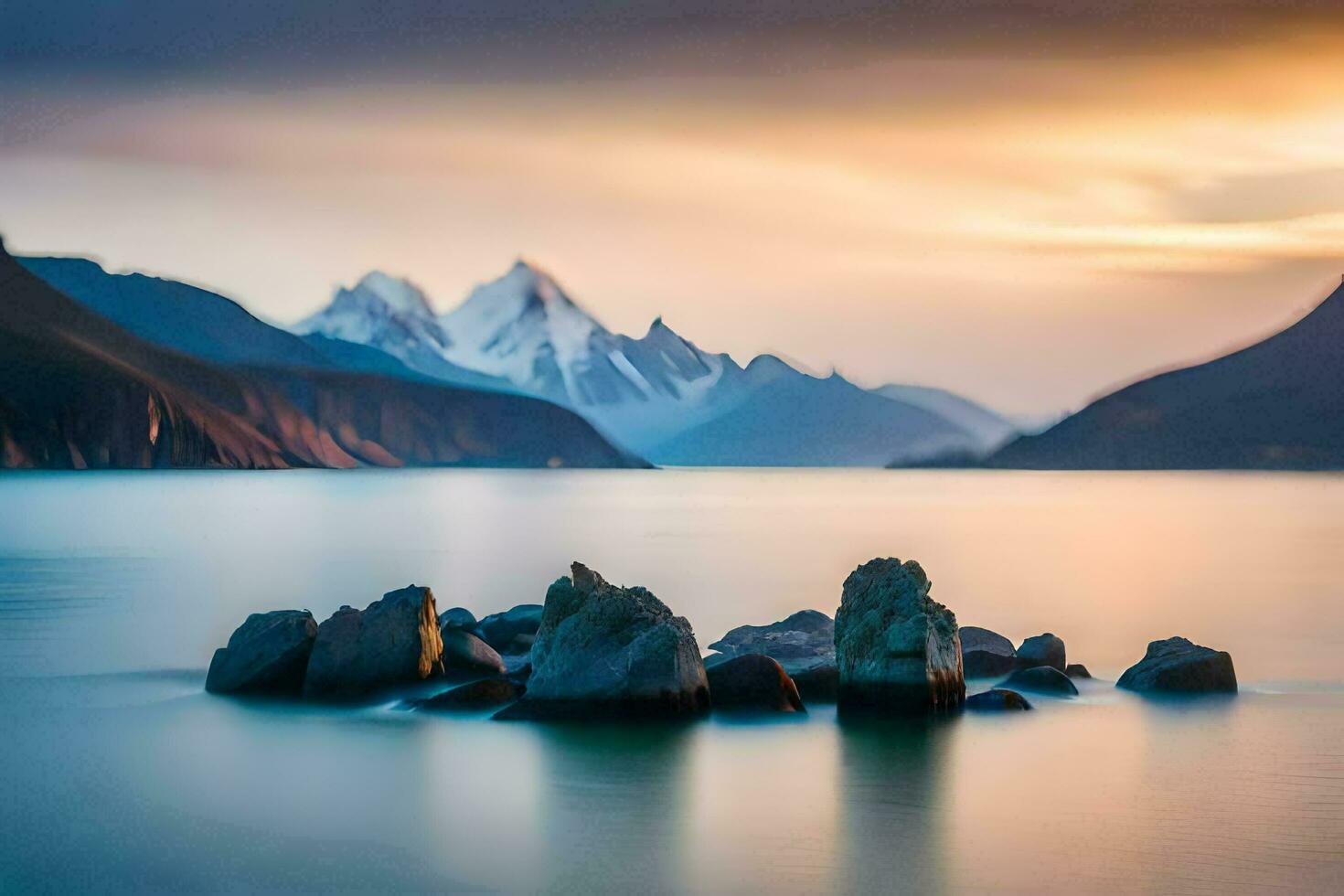 une Montagne intervalle dans le distance avec rochers dans le l'eau. généré par ai photo