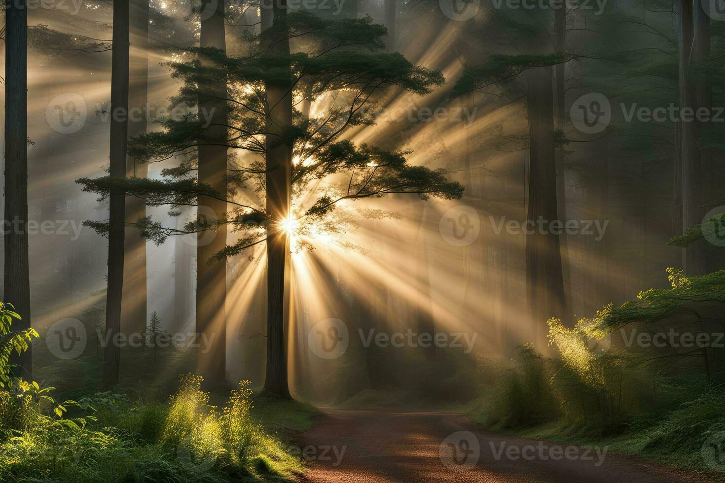 scénique paysage des rayons de lumière plus de route forêt établi avec génératif ai La technologie photo