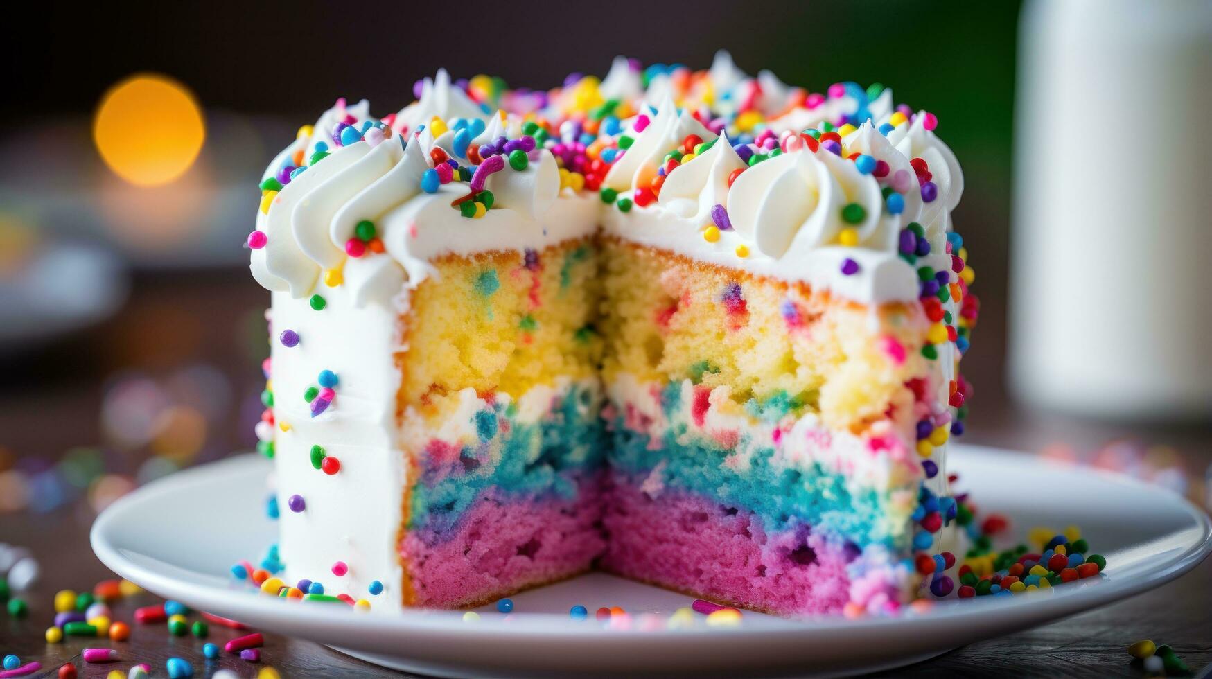 arc-en-ciel petits gâteaux avec fouetté crème Glaçage et arc en ciel arrose photo