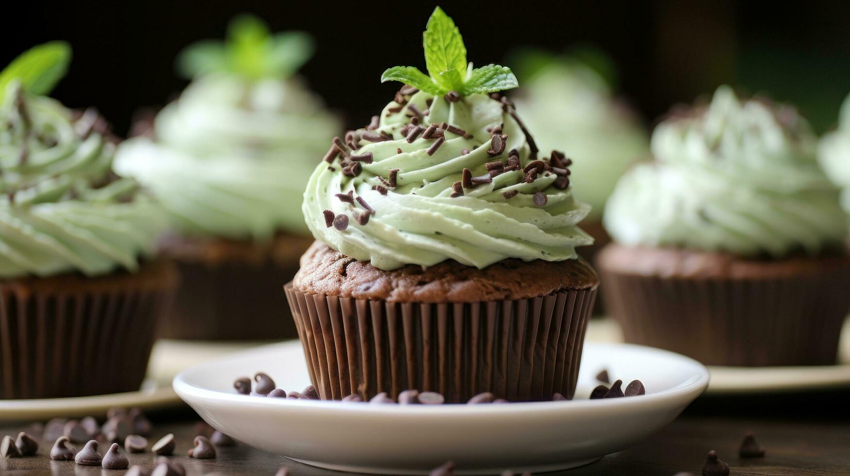 menthe Chocolat puce petits gâteaux avec menthe Glaçage et Chocolat copeaux photo