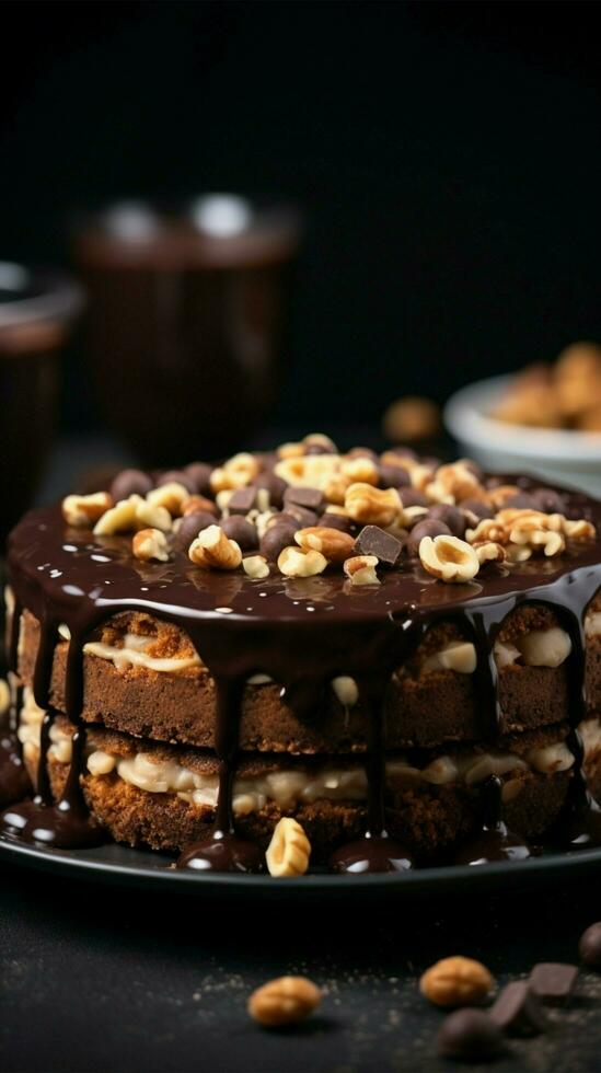 ester gâteau avec Chocolat Garniture et des noisettes sur gris Contexte ai généré photo