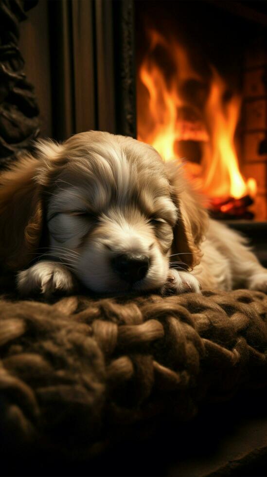 confortable chiot sieste par cheminée ai généré photo