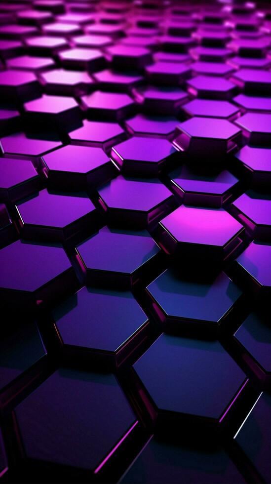 violet lumineux hexagones sur mystérieux foncé Contexte verticale mobile fond d'écran ai généré photo