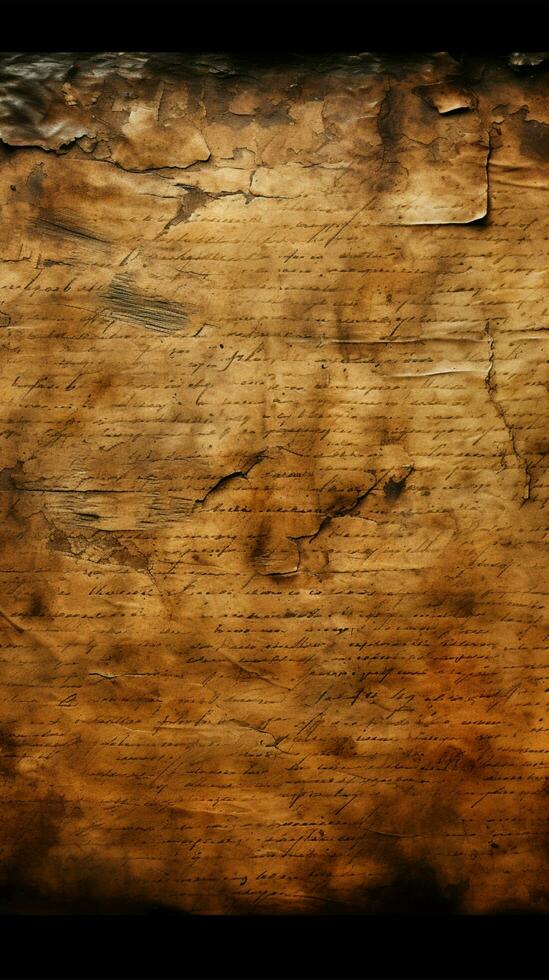 vieilli manuscrit texture avec patiné, ombragé bords verticale mobile fond d'écran ai généré photo