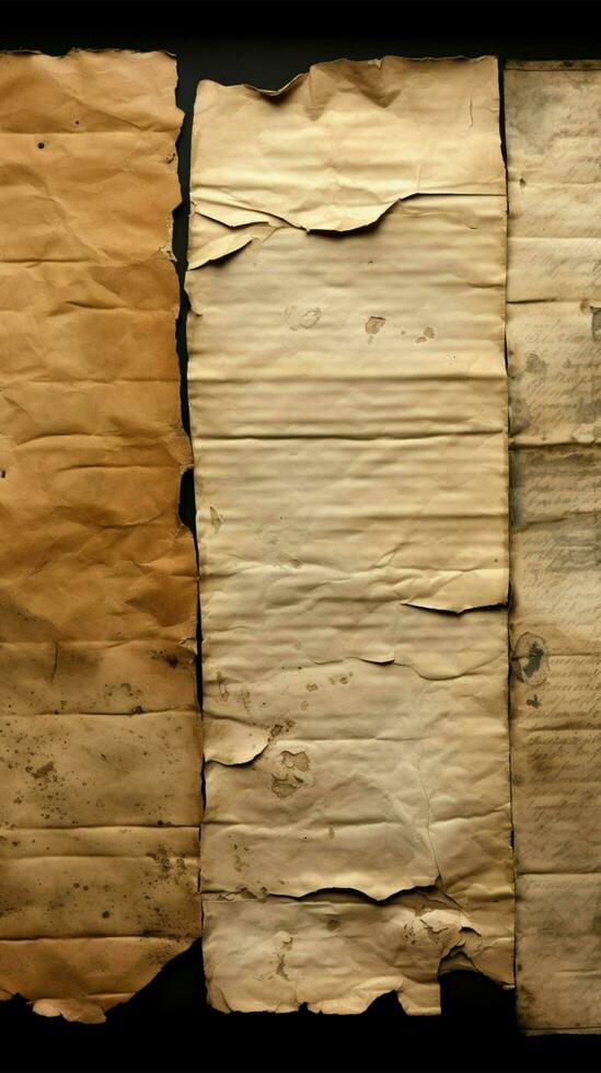 antique papier feuilles avec usé bords et texturé surface verticale mobile fond d'écran ai généré photo