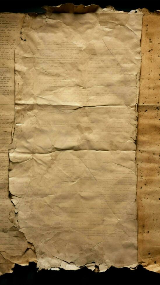 antique papier feuilles avec usé bords et texturé surface verticale mobile fond d'écran ai généré photo