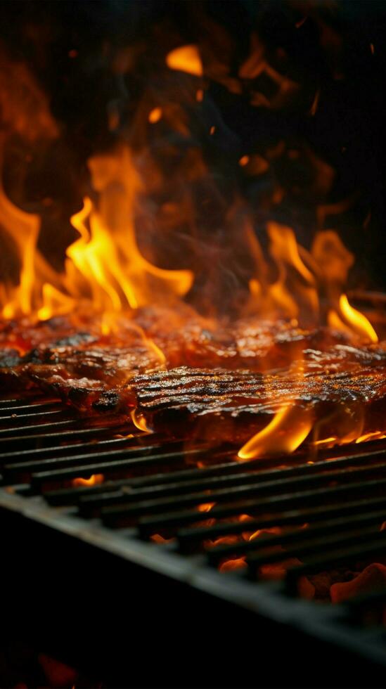 barbecue spectacle, vide gril illuminé par vibrant flammes, une fascinant vue verticale mobile fond d'écran ai généré photo