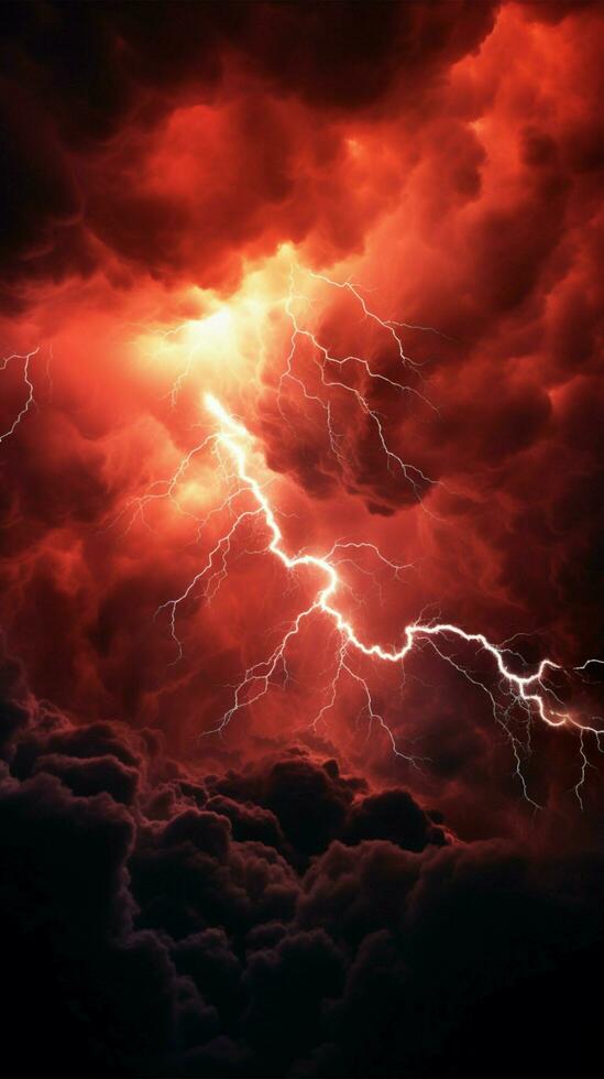foncé rouge orageux ciel crépitement avec électrisant apocalyptique foudre verticale mobile fond d'écran ai généré photo