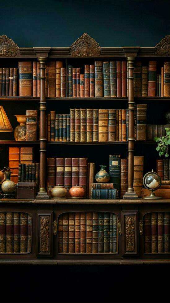 une trésor de ancien livres orne le étagère à livres, nourrir sagesse dans bibliothèques verticale mobile fond d'écran ai généré photo