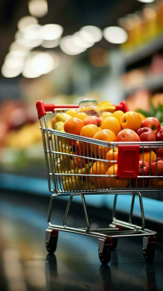 animé marché achats Chariot dans supermarché, ensemble contre vibrant flou boutique bokeh verticale mobile fond d'écran ai généré photo