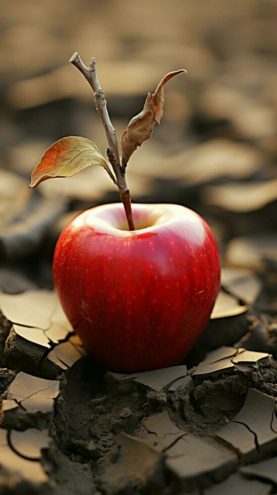 emblématique Pomme sur sec Terre illustre nourriture insécurité, l'eau pénurie, agricole crise verticale mobile fond d'écran ai généré photo