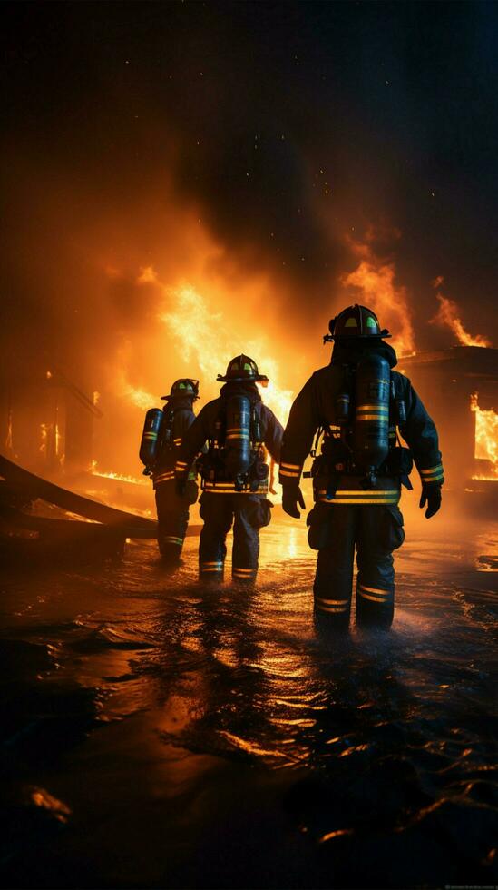 sapeurs pompiers combat pétrole flamber en utilisant tournoiement l'eau brouillard extincteur sécurité concept verticale mobile fond d'écran ai généré photo