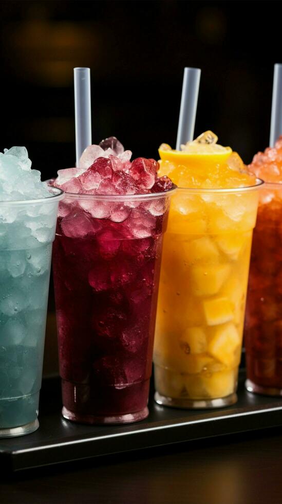 Plastique tasses tenir congelé fruit des barbotines, aligné dans une coloré, glacial rangée verticale mobile fond d'écran ai généré photo