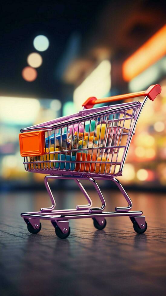 vente au détail immersion achats Chariot navigue supermarché, mélange avec flou boutique bokeh verticale mobile fond d'écran ai généré photo