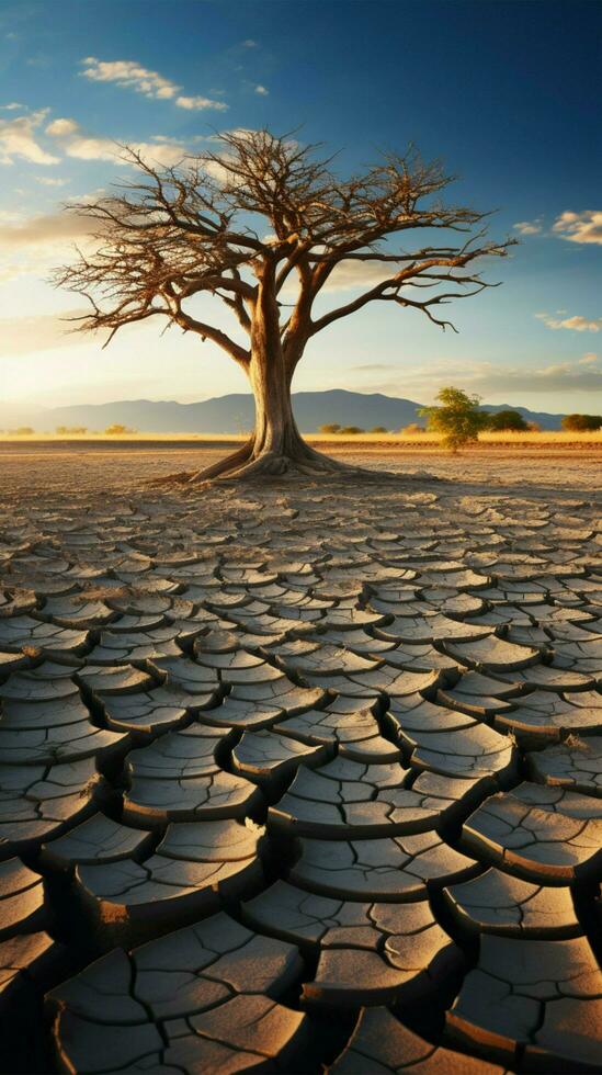 arbre des stands dans fissuré Terre, représentant climat crise, l'eau rareté de global chauffage verticale mobile fond d'écran ai généré photo