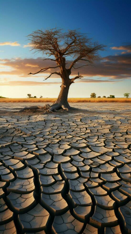 arbre des stands dans fissuré Terre, représentant climat crise, l'eau rareté de global chauffage verticale mobile fond d'écran ai généré photo