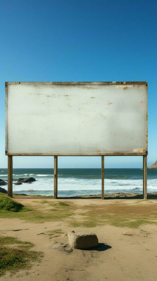 côtier Toile inoccupé panneau d'affichage ensemble contre océan panorama sur sablonneux plage verticale mobile fond d'écran ai généré photo