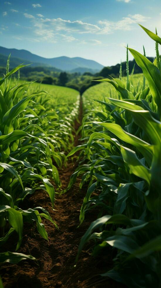 privé fermes blé Lignes, vibrant vert choux couverture le fertile champ verticale mobile fond d'écran ai généré photo