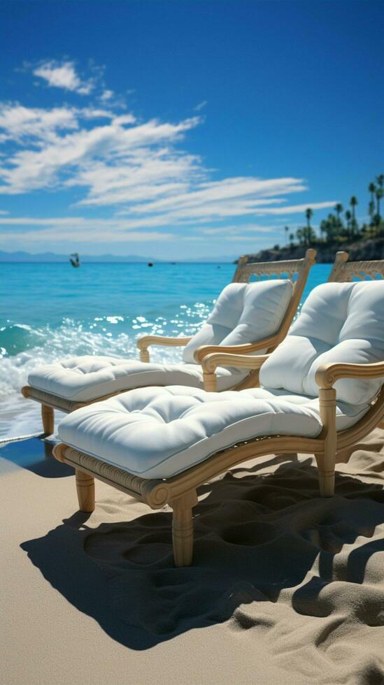 bord de mer relaxation cabriolet salons inviter amateurs de plage à se détendre par le tranquille vagues verticale mobile fond d'écran ai généré photo