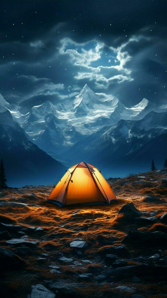 alpin nuit camping tente sous étoiles, entouré par imposant pics et tranquillité verticale mobile fond d'écran ai généré photo