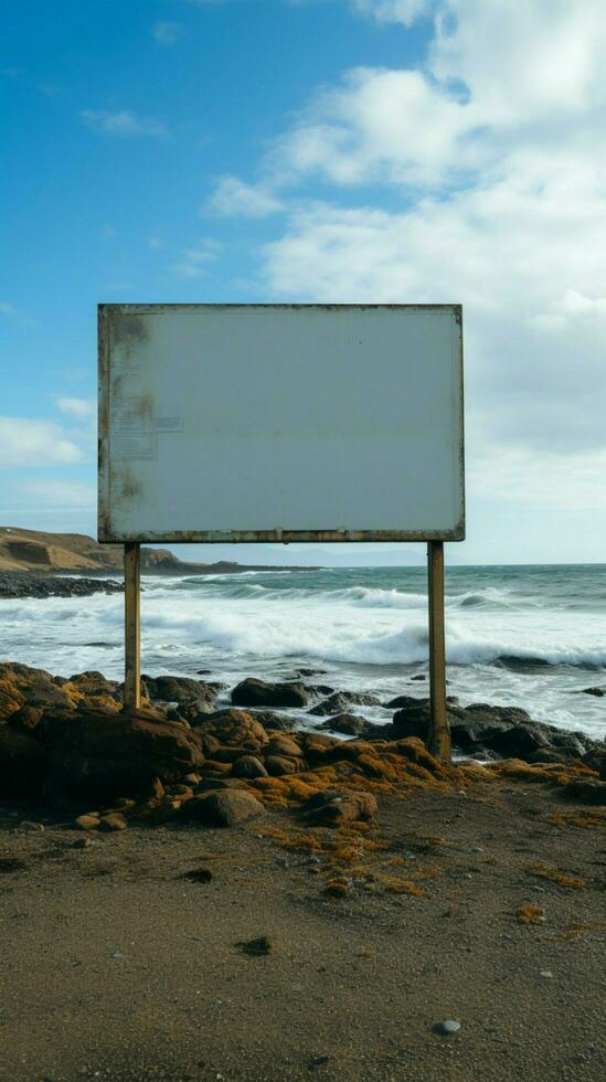 riverain vide panneau d'affichage contre sablonneux rive, surplombant le vaste mer verticale mobile fond d'écran ai généré photo