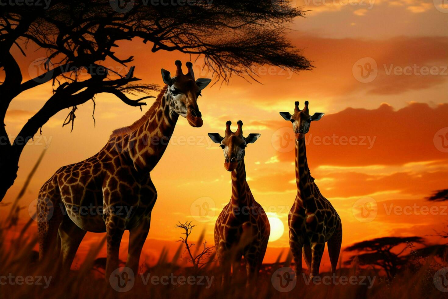 d'or heure la magie girafes se prélasser dans le réglage soleils transformateur lueur ai généré photo