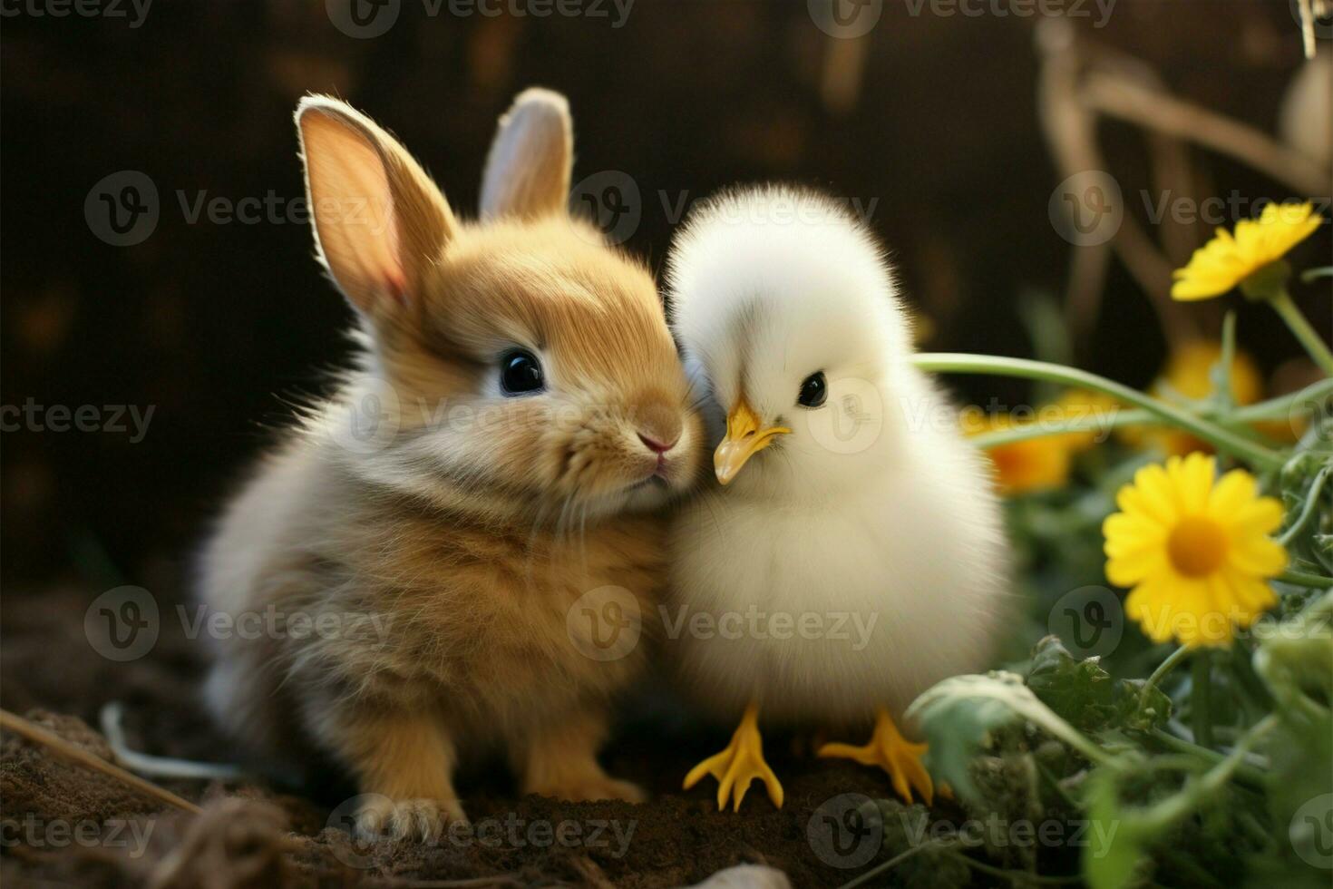 lapin et poussin exposition adorable amitié, scellage il avec une baiser ai généré photo